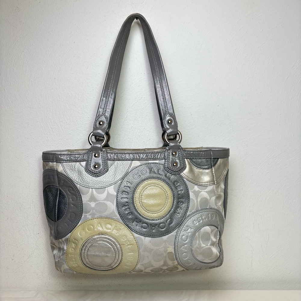 COACH F19042 Patent Leather Canvas Jacquard Logo Monogram Tote Bag Purse - Picture 10 of 16